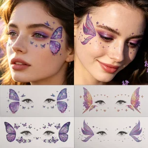 Elegant 3D Gold Foil Butterfly Face Tattoo Sticker Temporary Eye Makeup Stickers for Women Fashionable Facial Decals