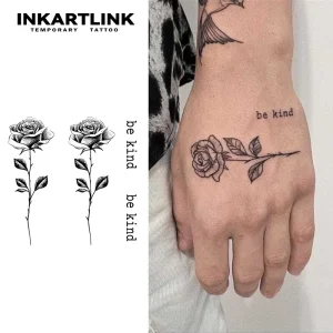 Elegant Rose Flower with Be Kind Lettering Tattoo Stickers Black Sketch Body Art for Women Semi Temporary Tattoo