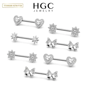 Elegant Sexy Bow Heart Shaped Nipple Jewelry 14K Gold Plated Crystal Rhinestone Inlaid Titanium Barbell Unisex Wedding Piercing