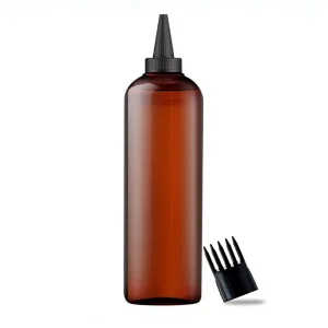 Empty 200ml Amber PET Plastic Hair Oil Bottle with Comb Tip Squeeze Applicator and Twist Top Cap