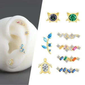 Eternal Metal 14K Solid Gold Zircon Leaf Ear Cartilage Jewelry Fashionable Black Push In Claw Setting Piercing Jewelry