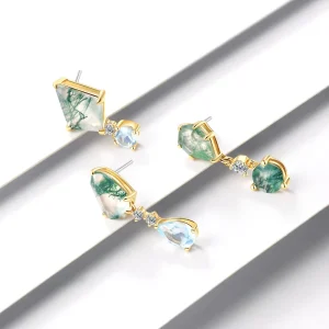 Eternal Metal 18K Solid Gold Moss Agate Dangle New Style Push In Claw Setting Threadless End Fine Piercing Jewelry Wedding Gift