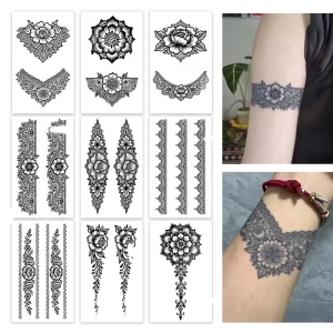 Ethnic Henna Temporary Tattoo Daruma Geometric Flowers Semi Permanent Tattoo Waterproof Last for 2 Week Herbal Tattoo for Arm