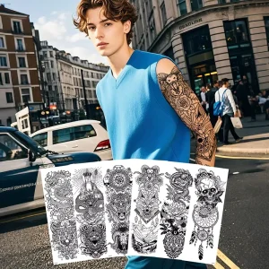 European American Drama Full Arm Temporary Tattoo Sticker Waterproof Black and White Dazzling Color