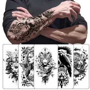 European American Style Colorful Sleeve Temporary Tattoo Stickers Wolf Head Simple Floral Design 3D Realistic Tattoos
