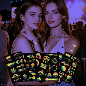 Exclusive Customizable Temporary Water Transfer Fluorescent Tattoo Stickers Heart-shaped Rainbow Designs Large Size for Festival