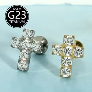 F136 G23 Titanium Cross CZ Inlaid Internally Threaded Flat Back Ear Lip Nose Stud Piercing Jewelry Wedding Gift