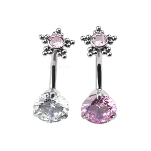 F136 Titanium 14G Women’s Body Jewelry Cluster Top Bezel Zircon Bottom Claw Setting Button Belly Bar for Weddings