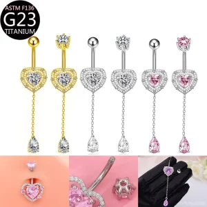 F136 Titanium Alloy Heart Chain Water Drop Zircon Navel Ring Body Jewelry Unisex Puncture Jewelry