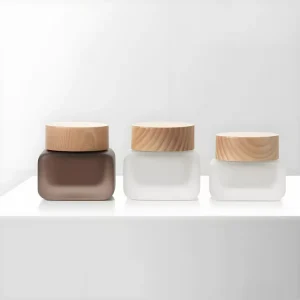 Face Cream Glass Jar 30g 50g Wood Lid Square Skincare Cosmetic Packaging Painted Frosted Glass Cream Jars
