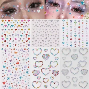 Face Hair Gems DIY Stickers Butterfly Heart Diamonds Mixed Colors Gold Stamping Die Cut Sparkly Rhinestone Holiday Removable