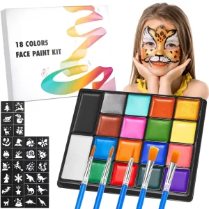 Face Paint Palette Water Based 18 Colors with Stencils and Brushes Body Painting Supplies for Halloween