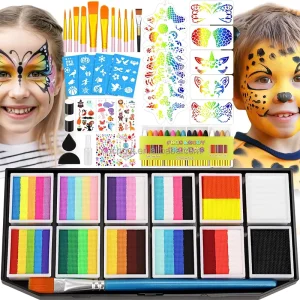 Face Painting Kit Professional for Kids Adults 12x10g Split Cake Face Paint Palette Water Activated Face Paint with Brush Sponge