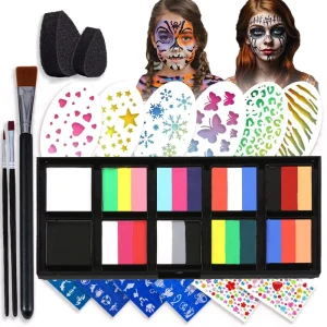Face and Body Paint Rainbow Face Painting Makeup Water Activated with Stickers Brushes Sponges Face and Body Paint