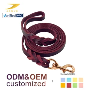 Factory Custom Hand Braided Genuine Cowhide Pet Walking Lead Vintage Woven Handle Thick Full Grain Leather Brass Hardware Snap
