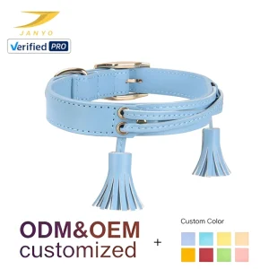 Factory Custom Light Blue Genuine Leather Dog Collar Braided Tassel Design Metal Buckle D Ring Adjustable Pet Collar
