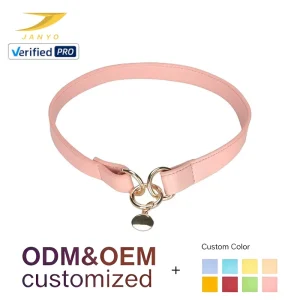 Factory Custom Light Pink Genuine Leather Dog Collar Double Gold O Ring Blank Engraved Round ID Tag Adjustable Simple Pet Collar