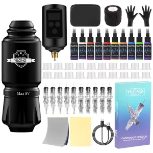 Factory Custom Logo Rocket Short Rotary Tattoo Gun Set Black Tattoo Pen Machine with Permanent Cartridge Inks
