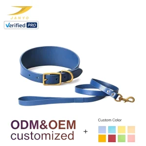 Factory Custom Solid Blue Smooth PU Pet Dog Collar Leash Combo Vintage Brass Hardware Metal Buckle Lightweight Walking Set