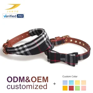 Factory Custom Tartan Pattern Cat Collar With Bow Tie Soft Cowhide Strap Gold Rivet Buckle D Ring Fashion Pet Belt Neck Collar