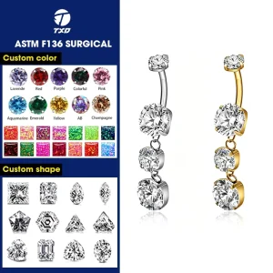 Factory Direct ASTM F136 Titanium Zircon Pendant Belly Ring Internal Thread Gold Plated Piercing Titanium Navel Jewelry