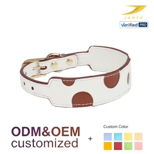 Factory OEM Fashion White Brown Polka Dot Leather Pet Collar Durable PU Dog Collar Adjustable Metal D Ring Puppy Collar