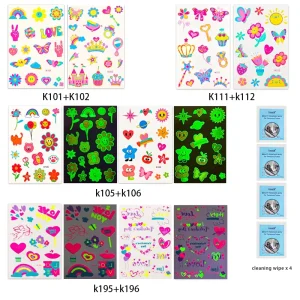 Factory OEM Logo Size Child Art Water Transfer Temporary Sample Tattoo Sticker Glow in Dark UV Light Luminous Fluorescece Tatoo
