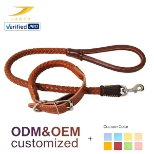 Factory OEM Vintage Hand Woven Genuine Cow Leather Dog Collar Leash Set Comfort Padded Handle Metal Buckle Pet Supplies