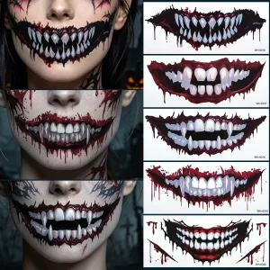 Factory Price Indian White Paper Scary Bloody Mouth Vampire Fangs Joker Smile Realistic Horror Makeup Non Toxic Temporary Tattoo
