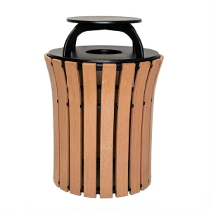 Factory Supply Metal Frame Curved Cylindrical WPC Recycling Bin Single Hole Outdoor Waste Bin for Park Garden Resort