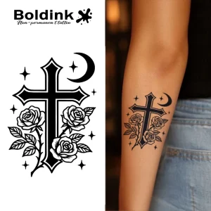 Fake Realistic Cross Rose Body Art Waterproof Long Lasting 2 Weeks Jagua Juice Ink Tattoo Sticker