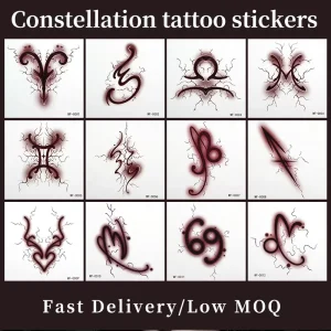 Fake Tattoo Sticker Gothic Lightning 12 Zodiac Symbols Waterproof Temporary Tattoo for Streetwear