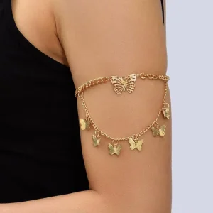 Fashion Arm Cuffs Gold Stainless Steel 18K Gold Plated Beach Body Jewelry Butterfly Dangle Double Layered Upper Arm Bracelet