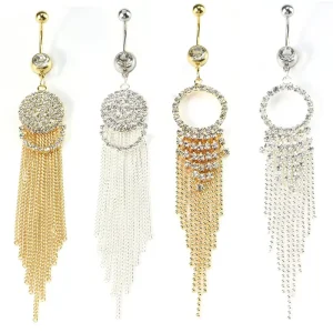 Fashion Body Jewelry G23 Stainless Crystal Gem Navel Piercing Ring Sexy Women’s Gold Belly Button Jewelry Tassels