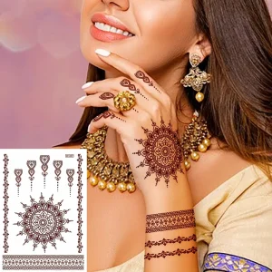 Fashion Flash Tattoo Women Red Maroon Henna Jewel Lace Sexy Mehndi Hand Body Flower Tattoo Sticker