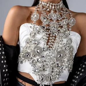 Fashion Rhinestone Statement Chest Chain Crystal Necklace Body Chain Summer Beach Body Jewelry Accessories for Women and Girls