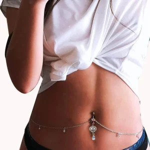 Fashion Sexy Rhinestone Belly Button Ring Surgical Steel Love Heart Pendant Piercing Body Chain Belly Ring Waist Chain