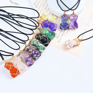Female Body Necklace Pendant Natural Crystal Fluorite Stones Gold Wire Wrapped Fashion Accessory