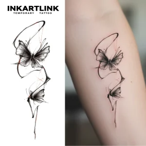 Fine Line Black Butterfly Temporary Tattoo Sticker Smoky Abstract Wing Body Art for Women Waterproof Fake Tattoo Bulk