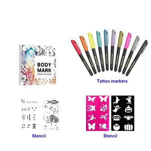 Fine Tip Non Toxic Temporary Tattoo Pens with Stencil Set Packaging for Skin and Body Markers