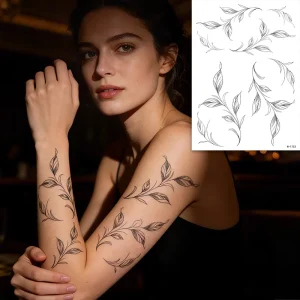 Floral Vine Fine-Line Cherry Blossom Flower Herbal Temporary Tattoo Sticker, 15-Day