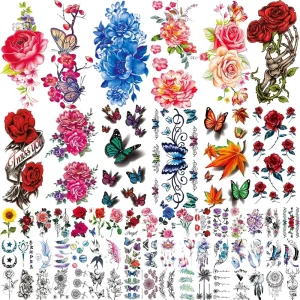 Flowers Temporary Tattoos Stickers Butterflies and Multi-Colored