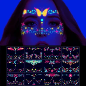 Fluorescent Halloween Face Tattoo Sticker Butterfly Rose Fake Tattoo UV Glow in the Dark Festival Masquerade Party Body Sticker