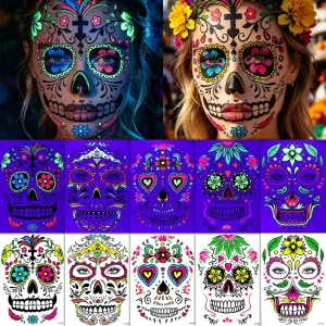 Fluorescent Halloween Face Tattoo Sticker UV Glow Sugar Skull Day of the Dead Waterproof Temporary Party Makeup