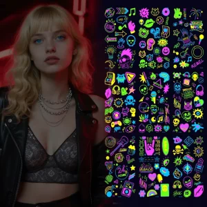 Fluorescent Luminous Temporary Tattoo Stickers Neon UV Black Light Reactive Music Style Party Facial Decor