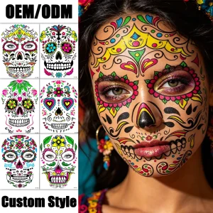 Fluorescent Tattoo Sticker UV Glow Halloween Face Decal Sugar Skull Neon Makeup Body Art OEM ODM Bulk