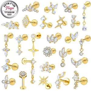 Freya ASTM-F136 Titanium Zircon Labret Piercing Flat Back Internal Thread Helix Tragus Earring Body Jewelry