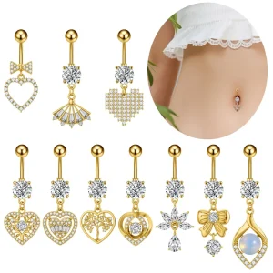 Freya Fine New Gold Plated Dangle Belly Button Rings Body Piercing Jewelry Pendant Navel Heart Shape Ring Cubic Zircon for Women