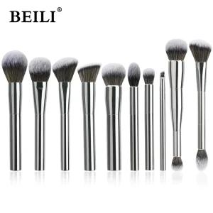 Full Aluminum Handle Makeup Brush Face Set 10 Piece Silver Makeup Brush Set