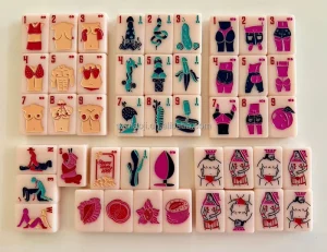 Funny Adult Themed Dirty Mahjong Tiles Acrylic 160 Piece American Pink with Matching Mat for Bachelorette Party Gift